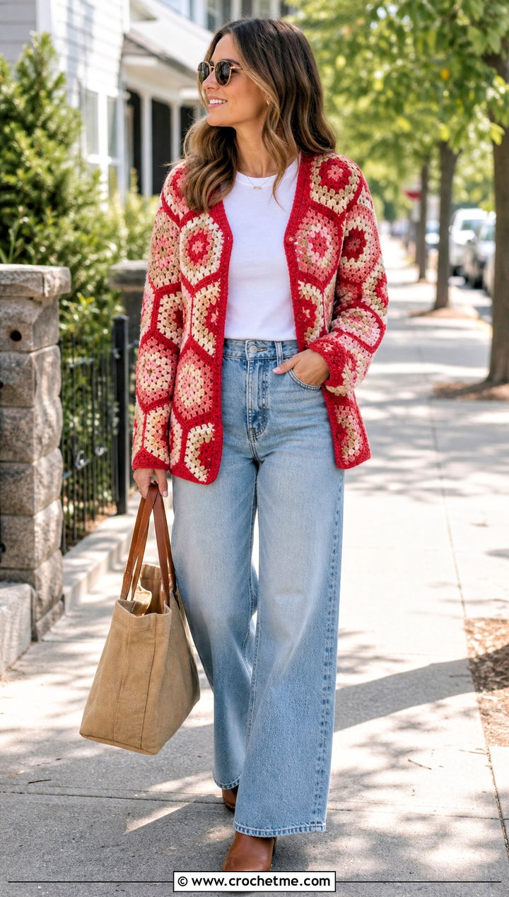 Hexagon Crochet Cardigan With Wide Leg Jeans - 25 beginner crochet clothing and outfit ideas