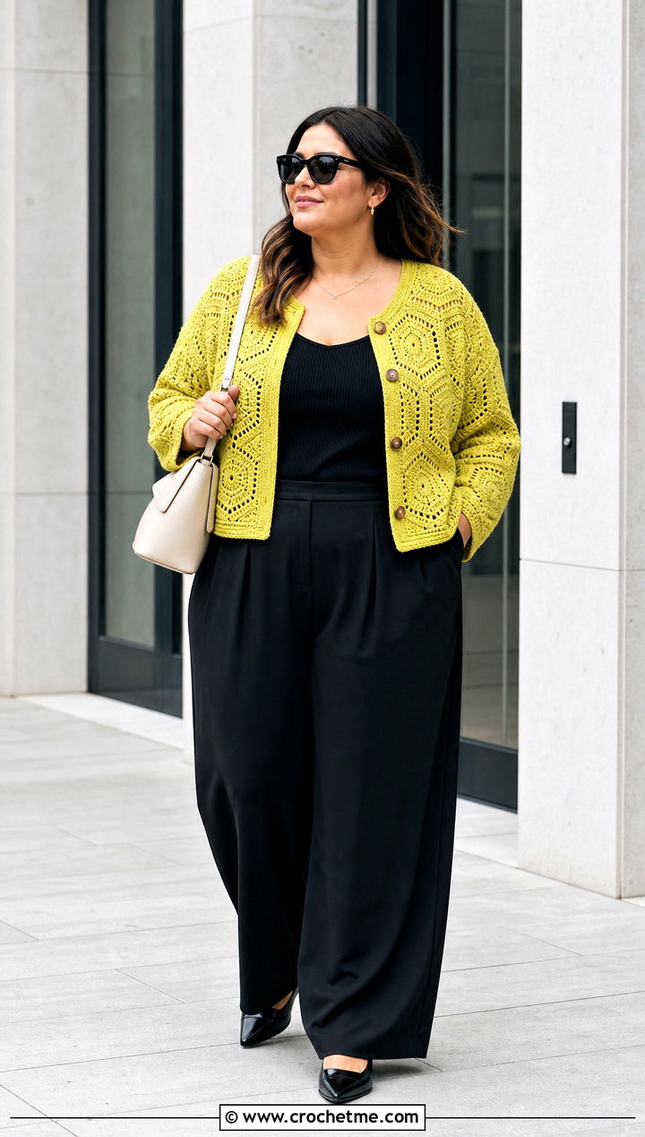 Hexagon Crochet Cardigan With Wide Leg Trousers - 30 crochet plus size cardigan outfit ideas