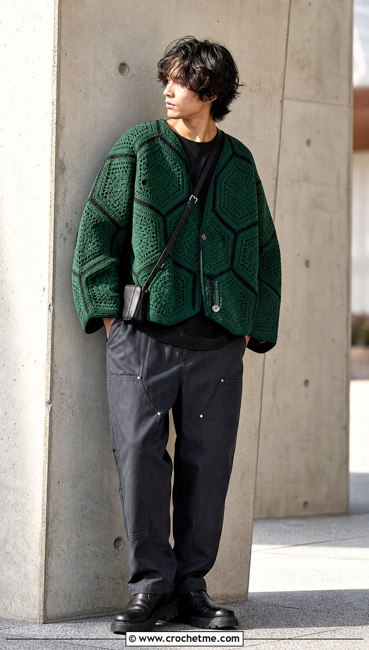 Hexagon Crochet Cardigan With Workwear Pants - 25 crochet clothes men ideas