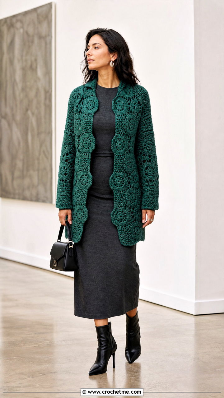Hexagon Crochet Cardigan With a Column Dress - 35 fall crochet clothes and outfit ideas