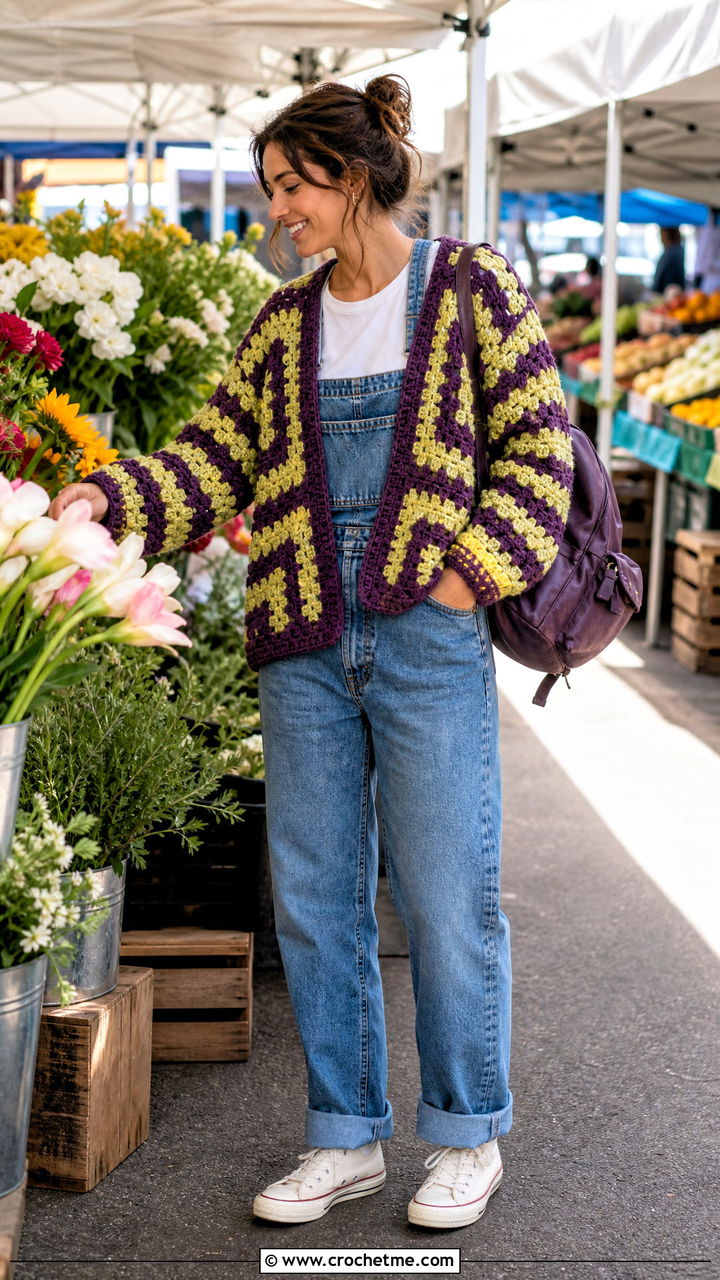 Hexagon Crochet Checkered Cardigan With Denim Overalls - 35 crochet checkered cardigan outfit ideas