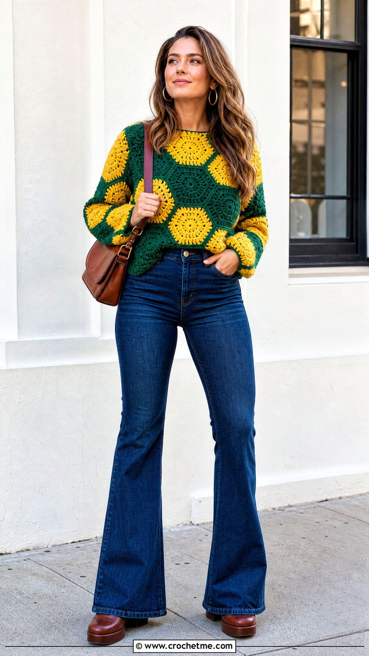 Hexagon Crochet Chunky Sweater With Flared Jeans - 35 crochet chunky sweater outfit ideas