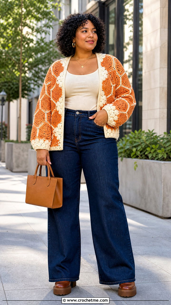 Hexagon Crochet Cloud Cardigan With Wide Leg Jeans - 35 crochet cloud cardigan outfit ideas