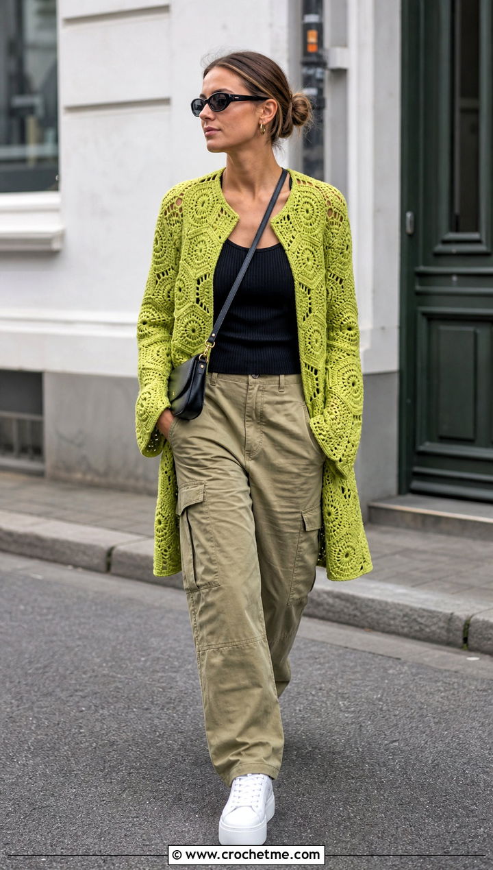 Hexagon Crochet Coat With Cargo Pants - 30 women crochet coat outfit ideas