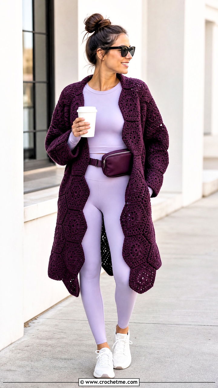 Hexagon Crochet Cocoon Coat With Leggings And Running Shoes - 35 crochet coat outfit ideas