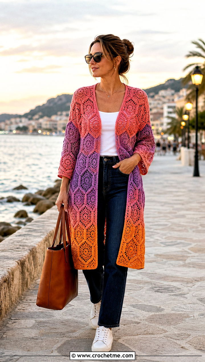 Hexagon Crochet Coverup With Straight Leg Jeans - 30 crochet swimsuit coverup outfit ideas