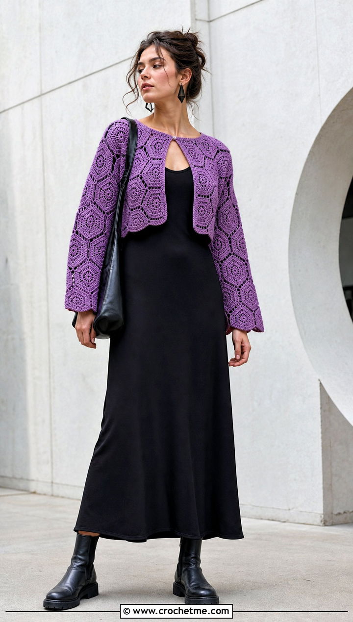 Hexagon Crochet Crop Cardigan With Black Maxi Dress - 30 crochet crop cardigan outfit ideas