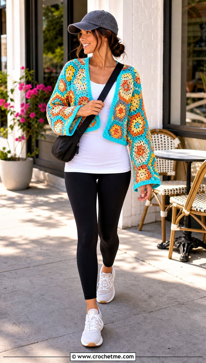 Hexagon Crochet Cropped Cardigan With Leggings - 20 Easy Crochet Cropped Cardigan outfit ideas