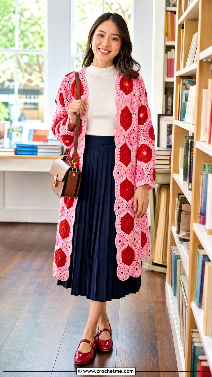 Hexagon Crochet Duster Cardigan With Pleated Skirt - 35 crochet duster cardigan outfit ideas