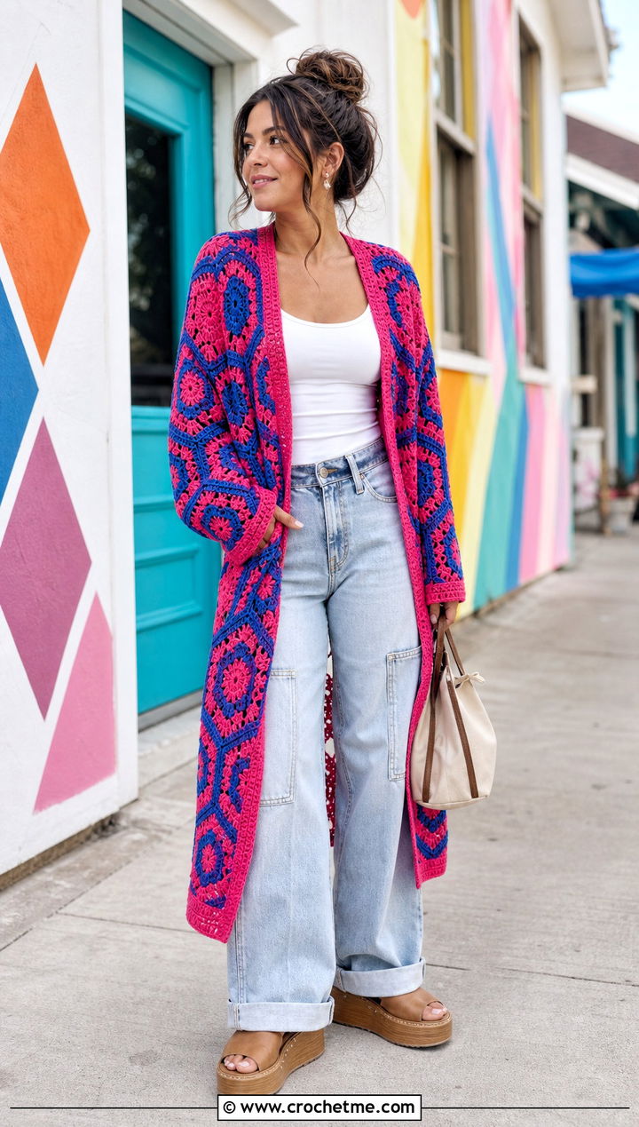 Hexagon Crochet Duster With Carpenter Jeans - 35 crochet long coat outfit ideas