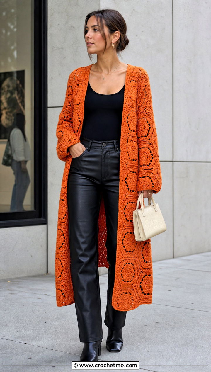 Hexagon Crochet Duster With Leather Pants - 35 crochet long jacket outfit ideas