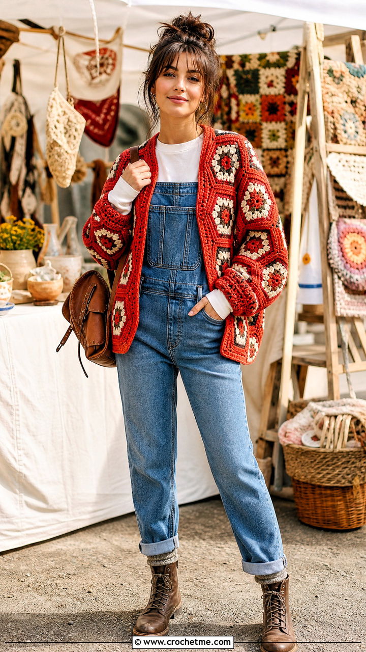 Hexagon Crochet Folklore Cardigan With Denim Overalls - 35 crochet folklore cardigan outfit ideas