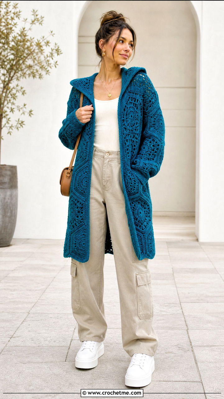 Hexagon Crochet Hooded Cardigan With Cargo Pants - 35 crochet hooded cardigan outfit ideas