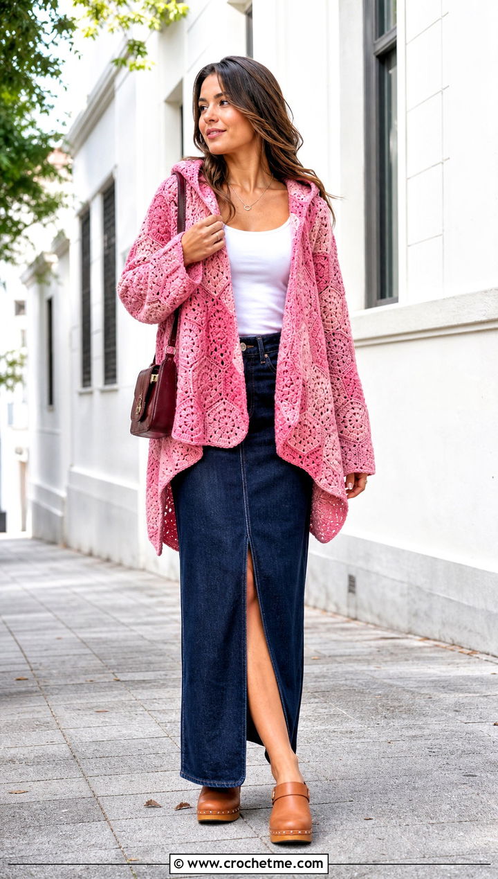 Hexagon Crochet Hoodie Cardigan With Denim Maxi Skirt - 30 crochet hoodie cardigan outfit ideas