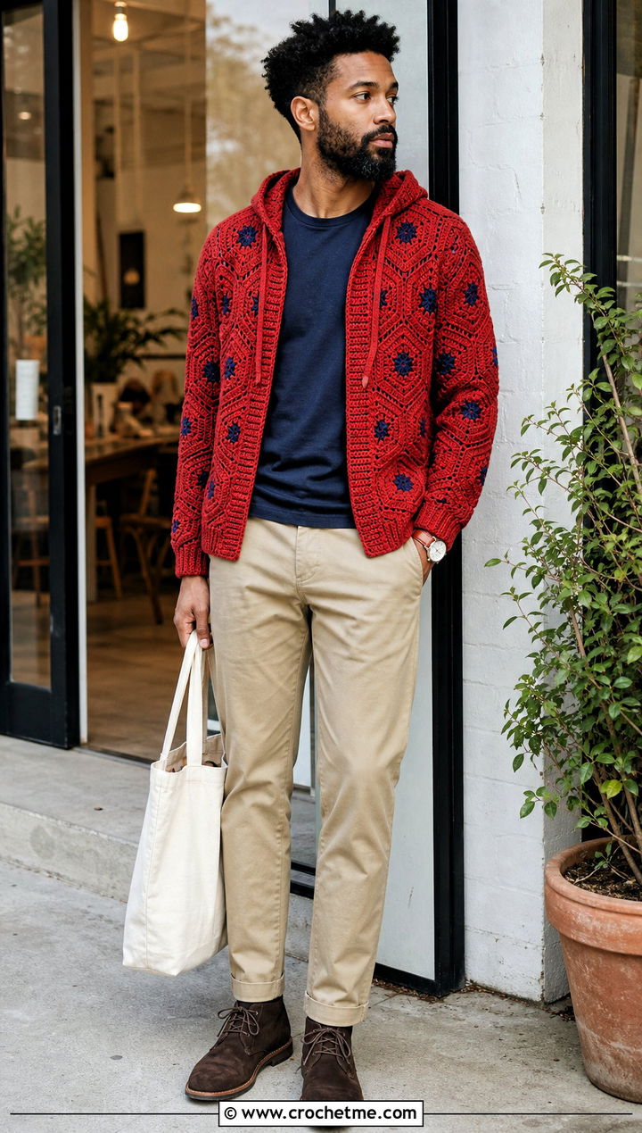 Hexagon Crochet Hoodie With Twill Pants - 30 Crochet Hoodies For Men outfit ideas