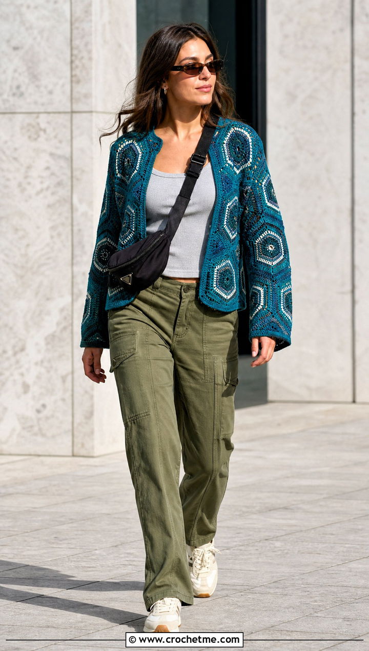 Hexagon Crochet Jacket With Cargo Pants - 15 crochet jacket for beginners outfit ideas