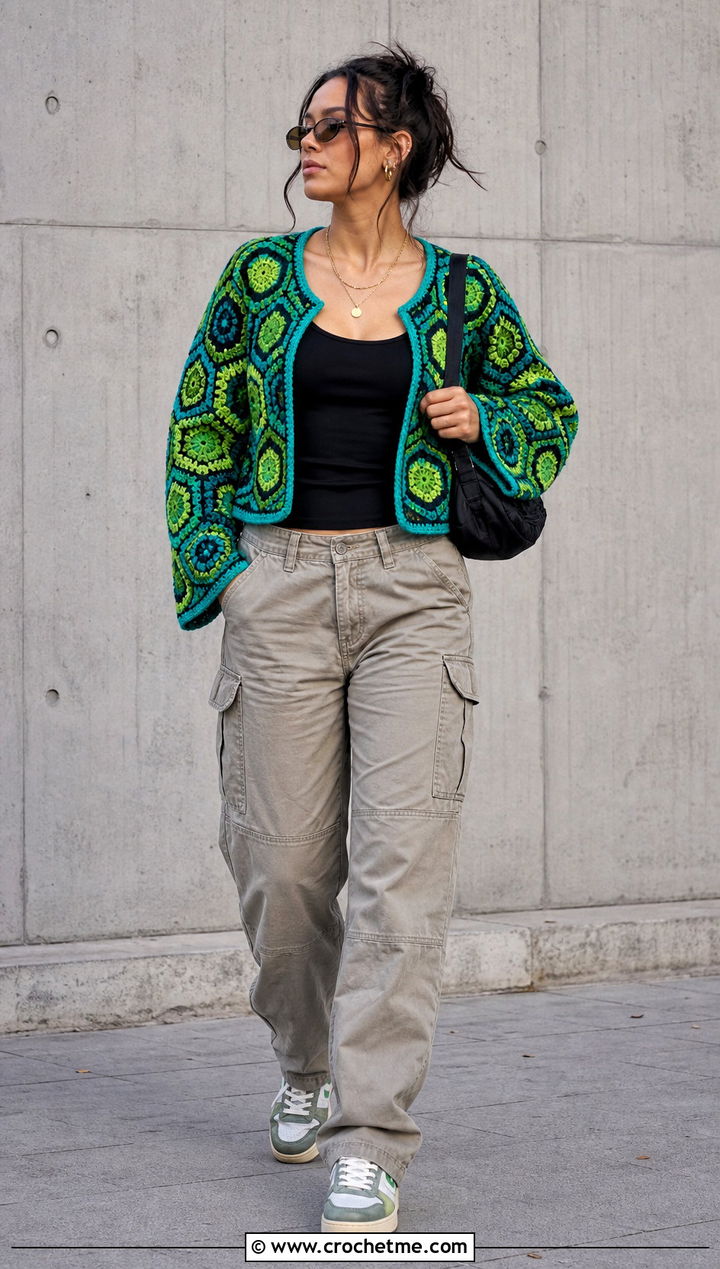 Hexagon Crochet Jacket With Cargo Pants - 15 Colorful Crochet Jacket Design outfit ideas