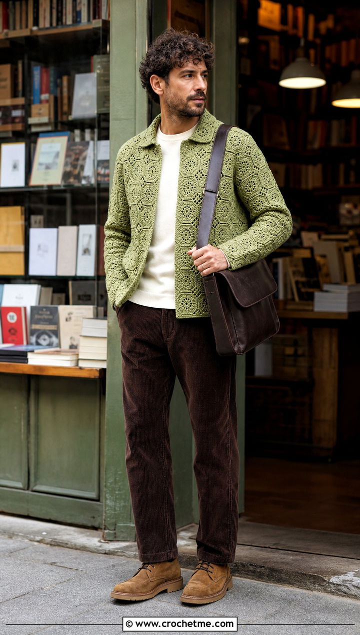 Hexagon Crochet Jacket With Corduroy Pants - 15 Crochet Mens Jacket outfit ideas
