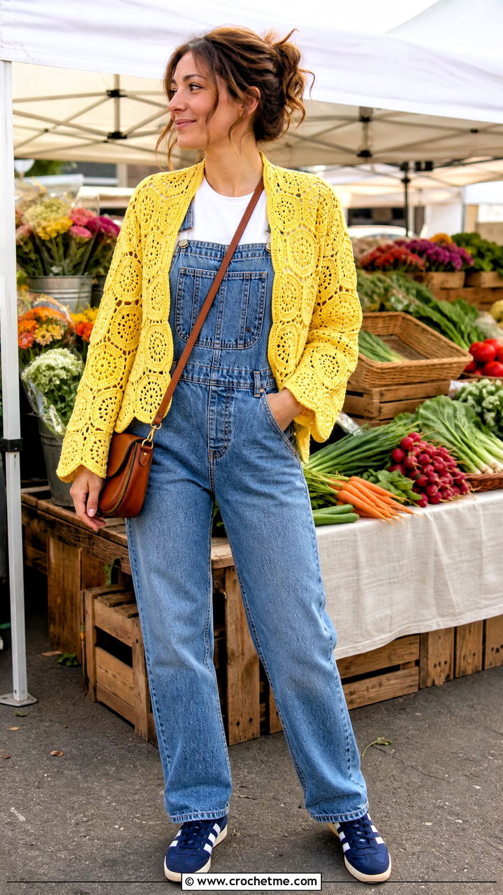 Hexagon Crochet Jacket With Denim Overalls - 35 crochet coats & jackets outfit ideas