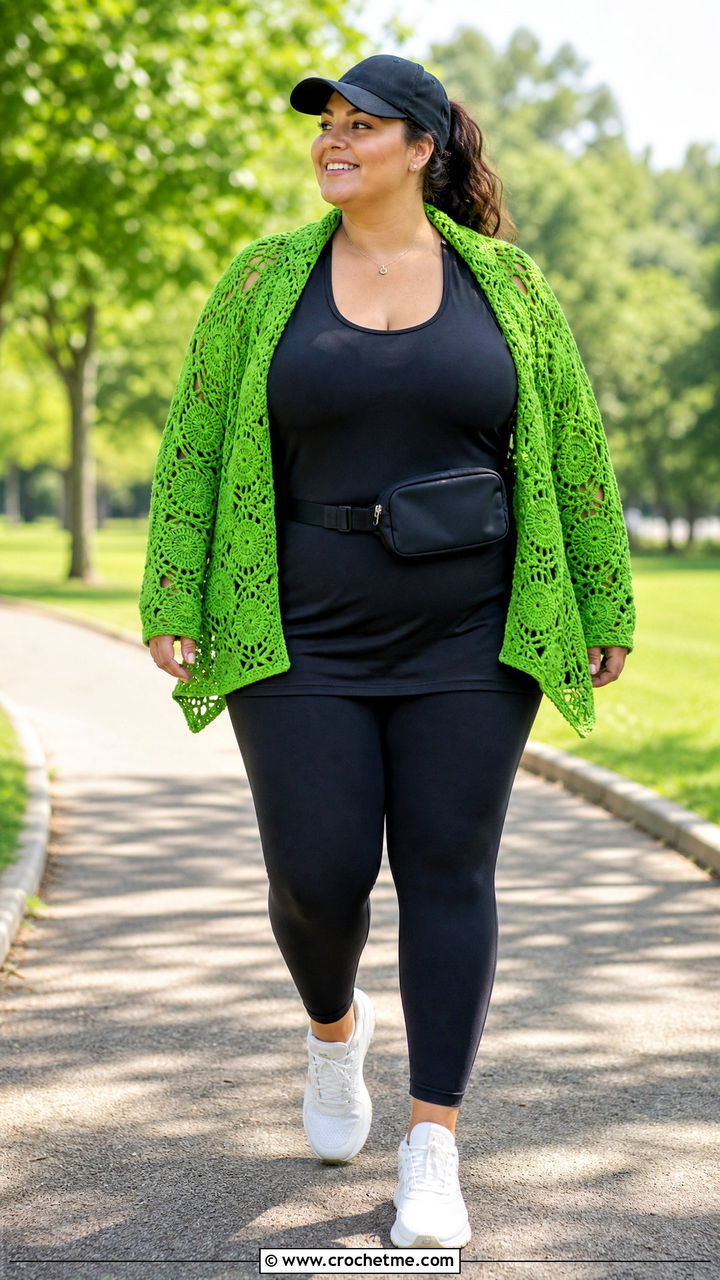 Hexagon Crochet Jacket With Leggings And Sneakers - 35 easy crochet jacket outfit ideas