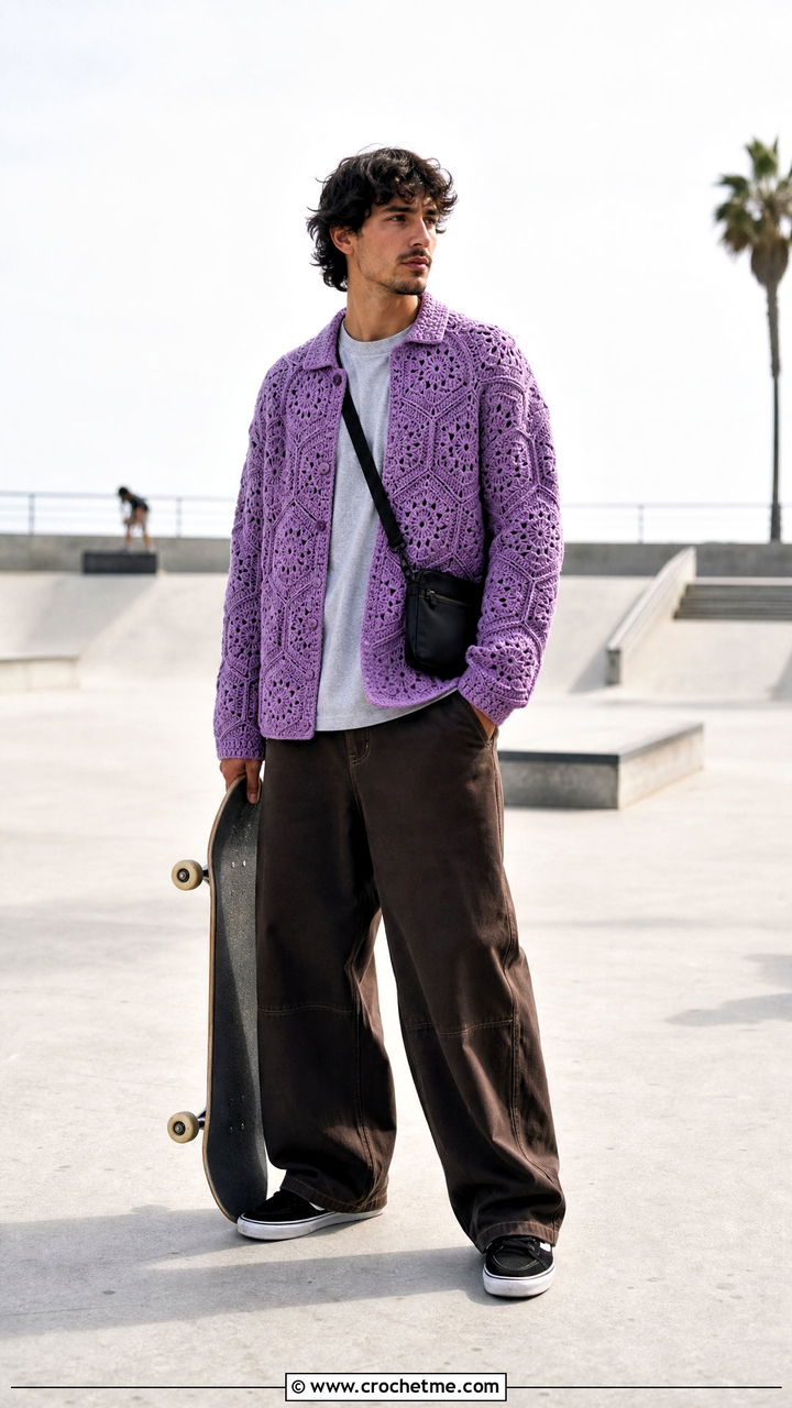 Hexagon Crochet Jacket With Skate Pants - 35 crochet jacket for men outfit ideas