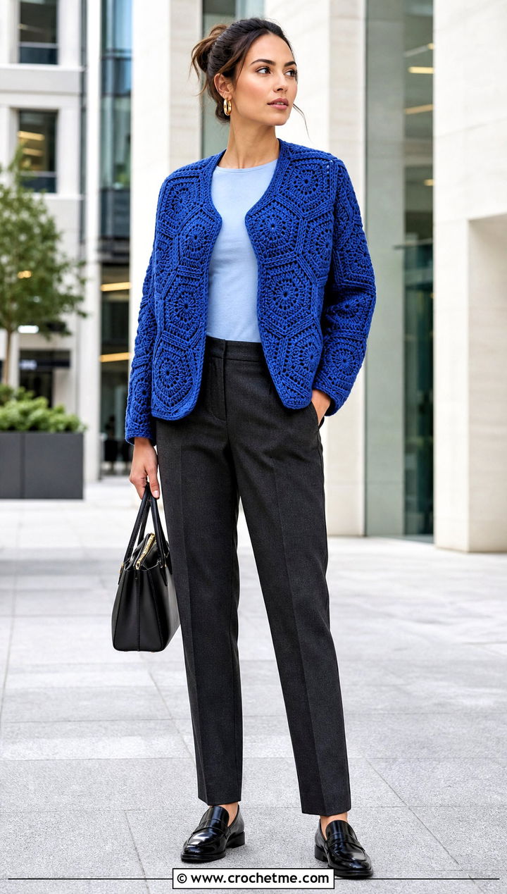 Hexagon Crochet Jacket With Tailored Trousers - 15 beginner crochet jacket ideas