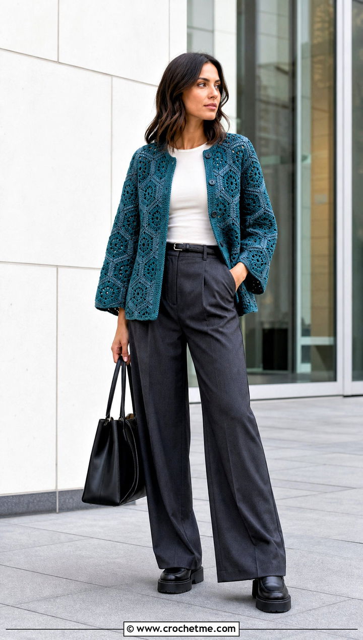 Hexagon Crochet Jacket With Wide Leg Trousers - 25 crochet clothes jacket outfit ideas