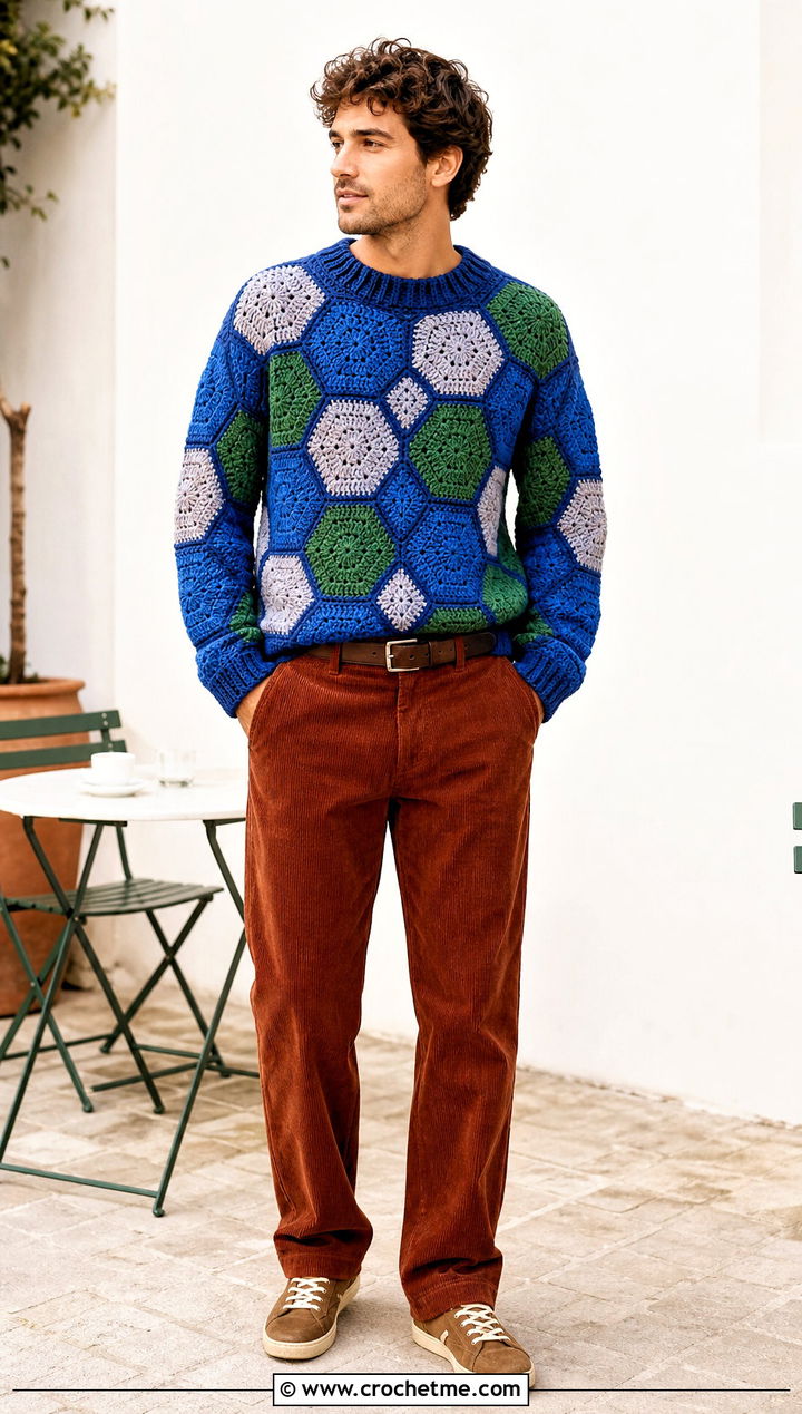 Hexagon Crochet Jumper With Corduroy Pants - 25 mens crochet jumper outfit ideas