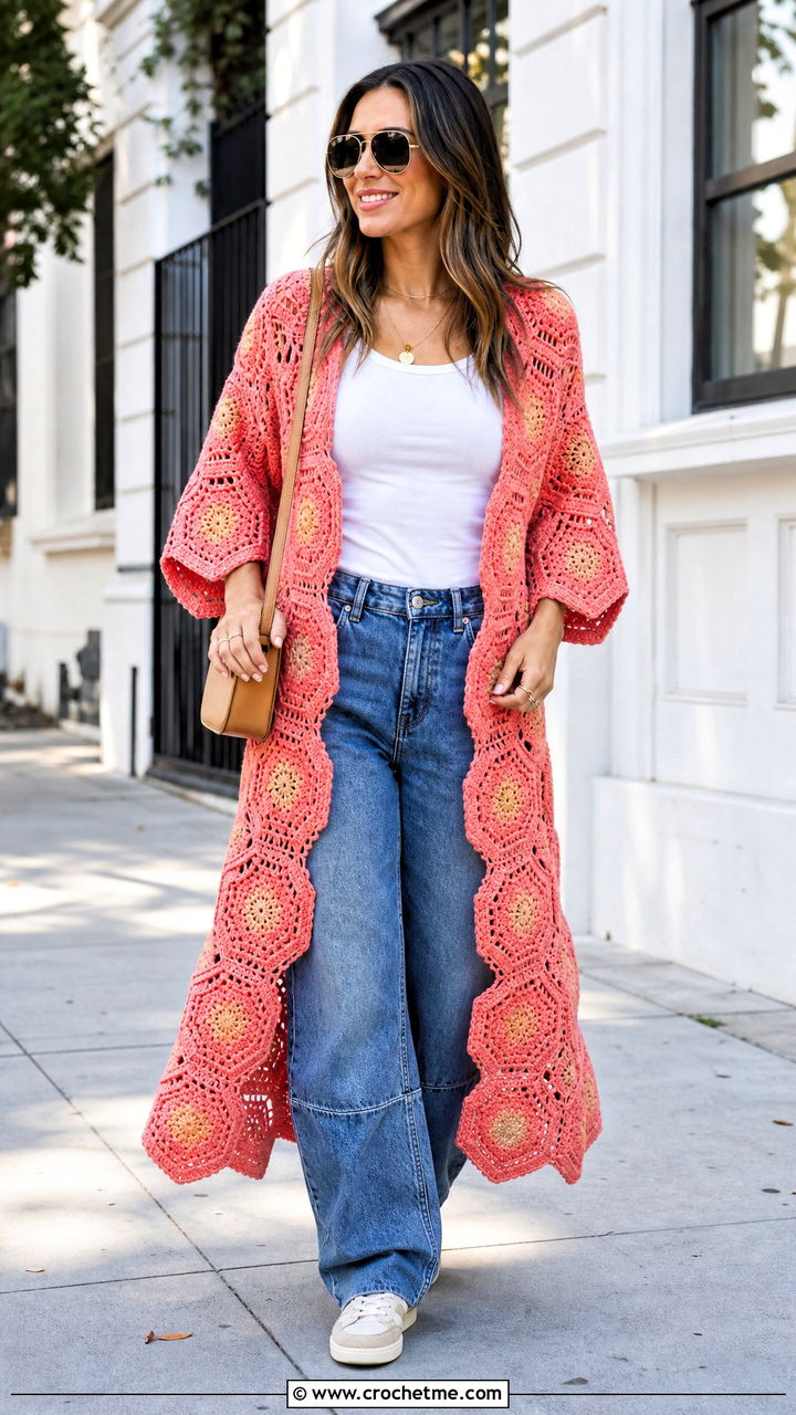Hexagon Crochet Kimono With Barrel Jeans - 35 crochet kimono outfit ideas
