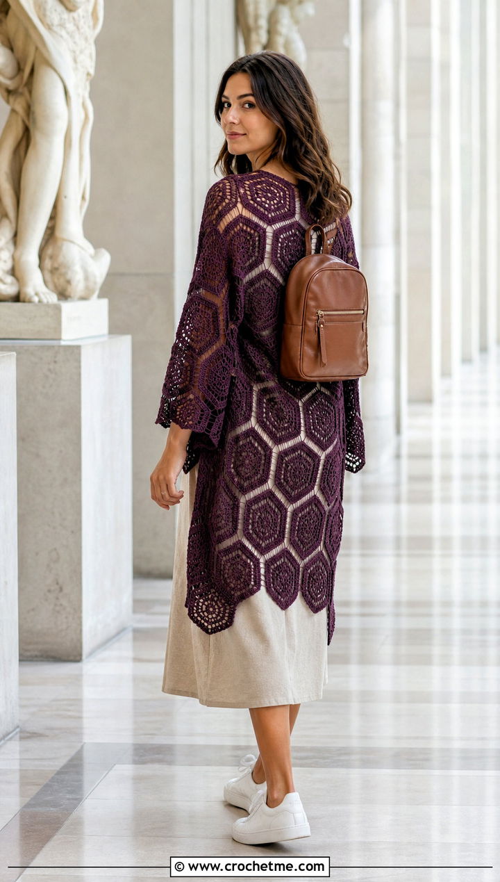 Hexagon Crochet Kimono With Tank Dress And Sneakers - 30 Boho Crochet Kimono outfit ideas