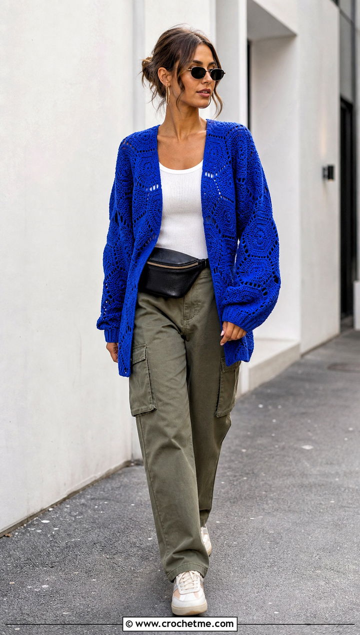 Hexagon Crochet Long Sleeve Cardigan With Cargo Pants - 25 Crochet Long Sleeve Cardigan outfit ideas