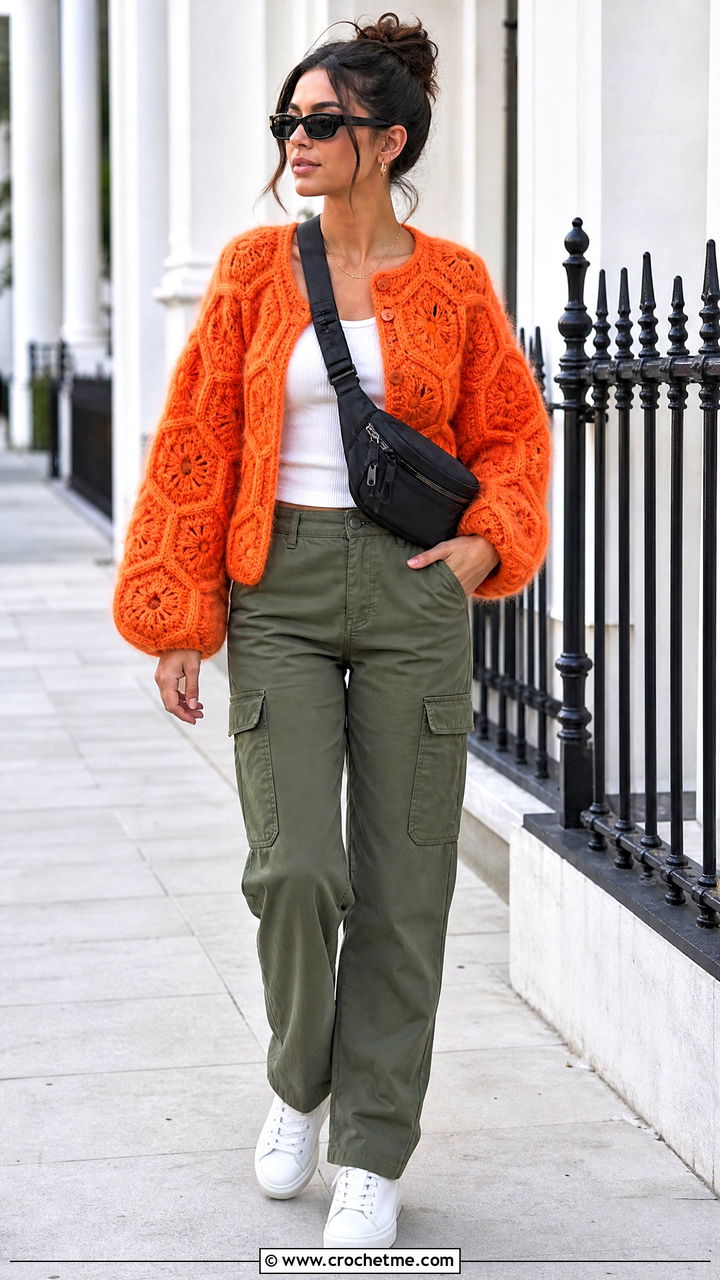 Hexagon Crochet Mohair Cardigan With Cargo Pants - 35 crochet mohair cardigan outfit ideas