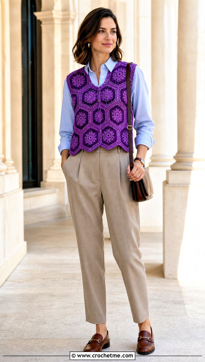 Hexagon Crochet Motif Vest Top With Button Down Shirt - 30 crochet motif top outfit ideas