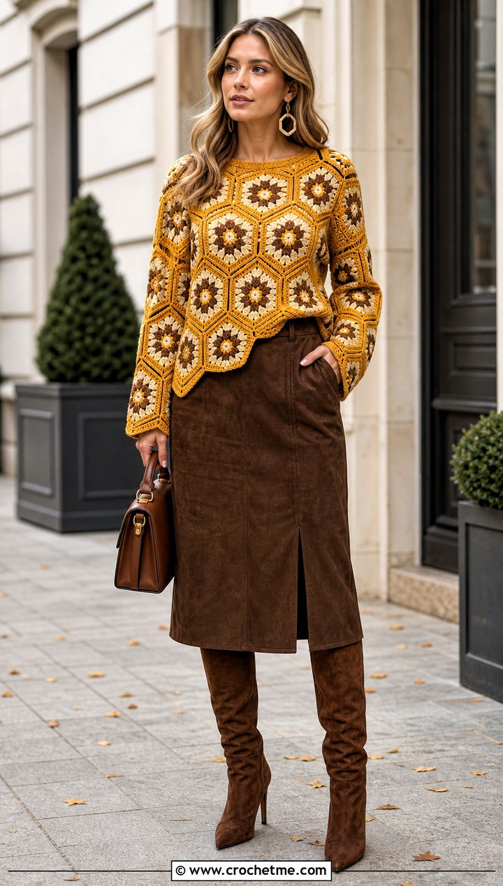 Hexagon Crochet Panel Sweater With Suede Midi Skirt - 30 crochet panel sweater outfit ideas