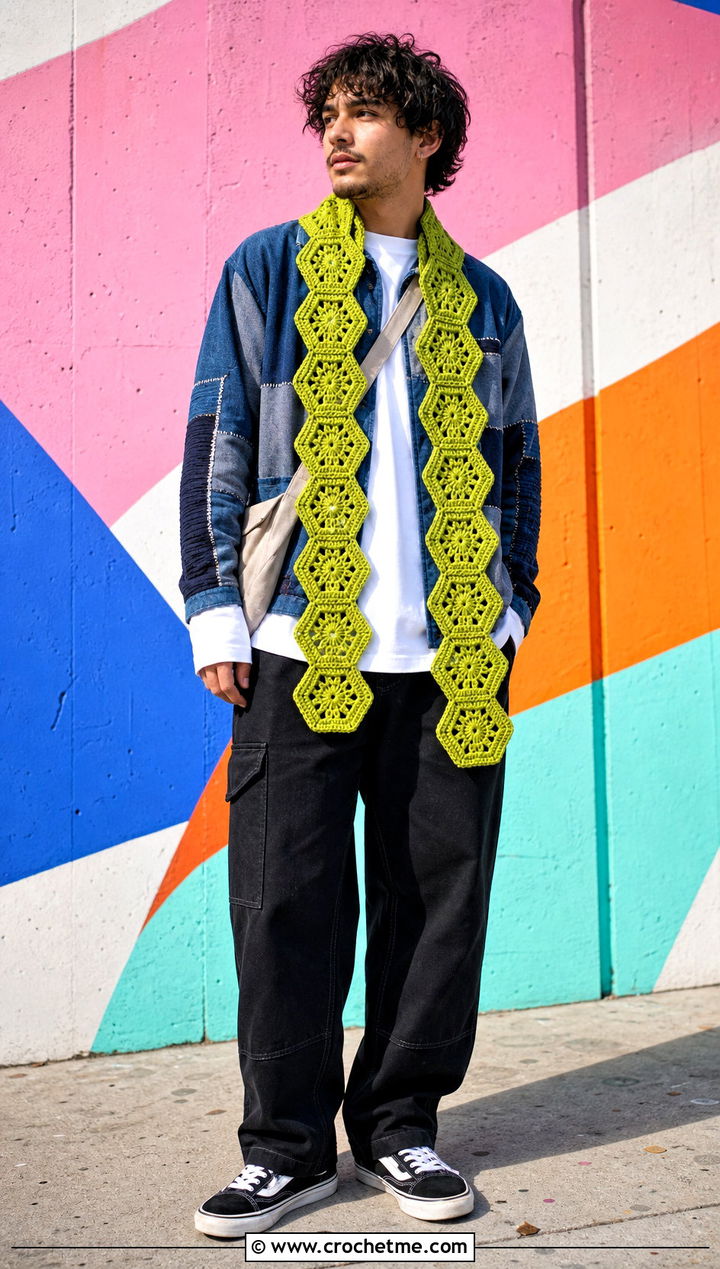 Hexagon Crochet Scarf With Patchwork Jacket - 35 men crochet scarf outfit ideas