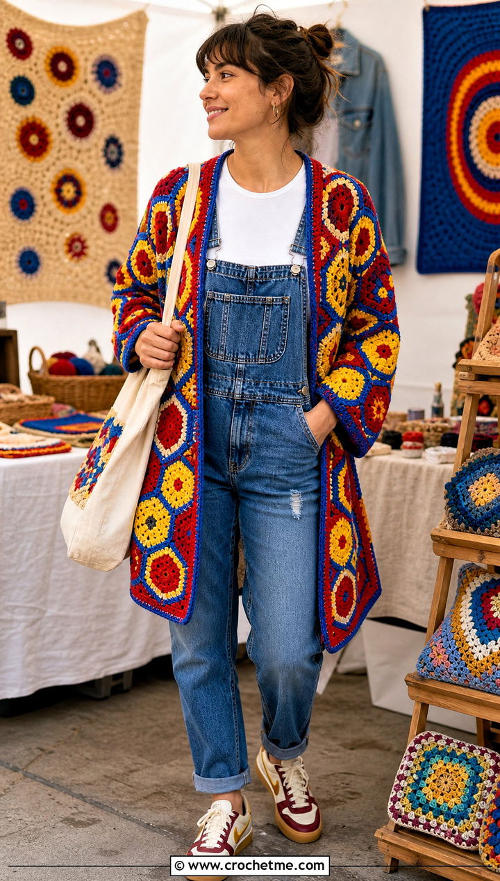 Hexagon Crochet Shawl With Sleeves And Denim Overalls - 35 crochet shawl with sleeves outfit ideas