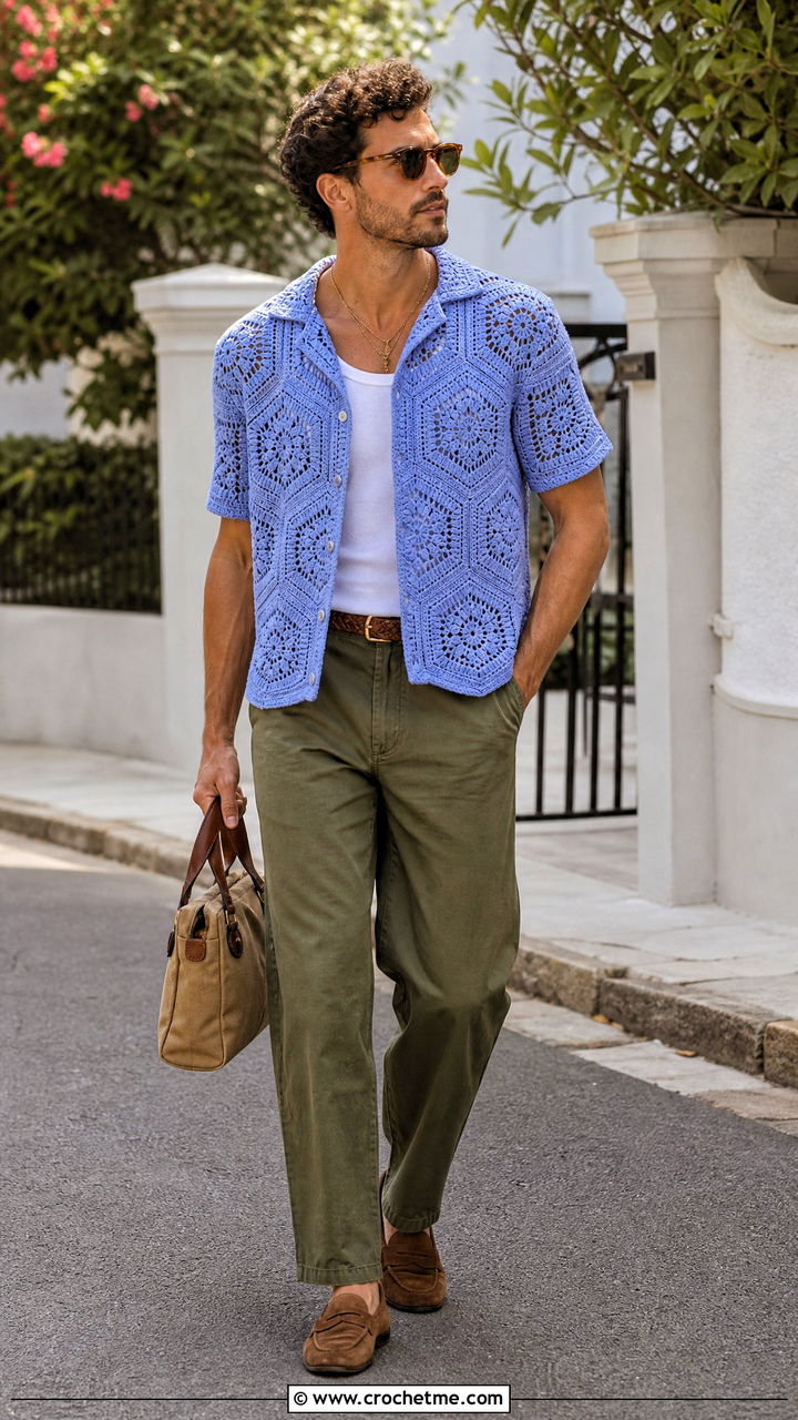 Hexagon Crochet Shirt With Twill Pants - 35 crochet clothes for men outfit ideas