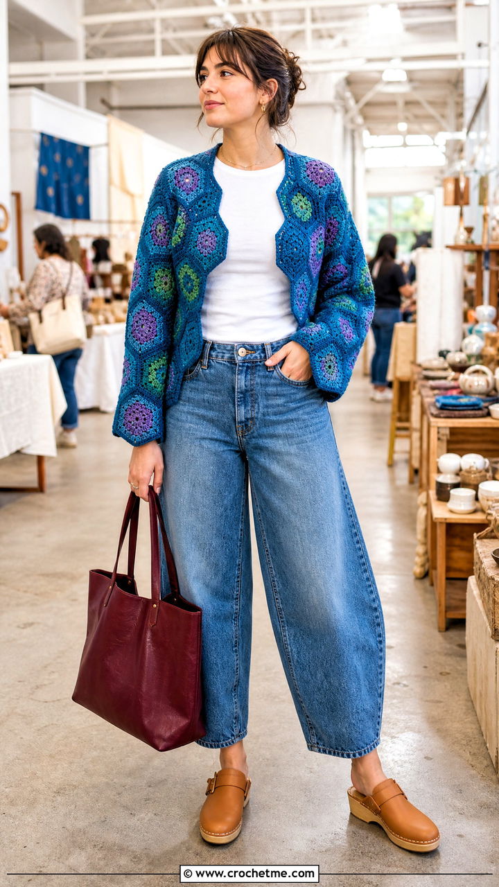 Hexagon Crochet Shrug With White Tee and Barrel Jeans - 35 crochet shrugs outfit ideas