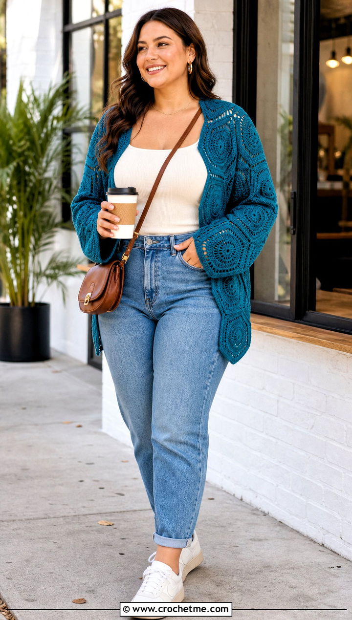 Hexagon Crochet Summer Cardigan With Mom Jeans - 30 plus size crochet summer cardigan outfit ideas
