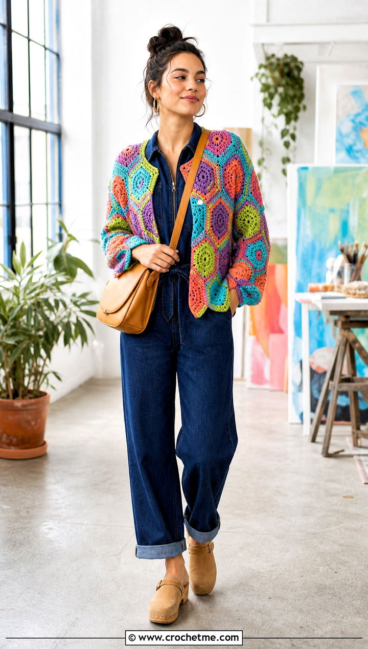 Hexagon Crochet Sweater With A Denim Jumpsuit - 30 spring crochet sweater outfit ideas