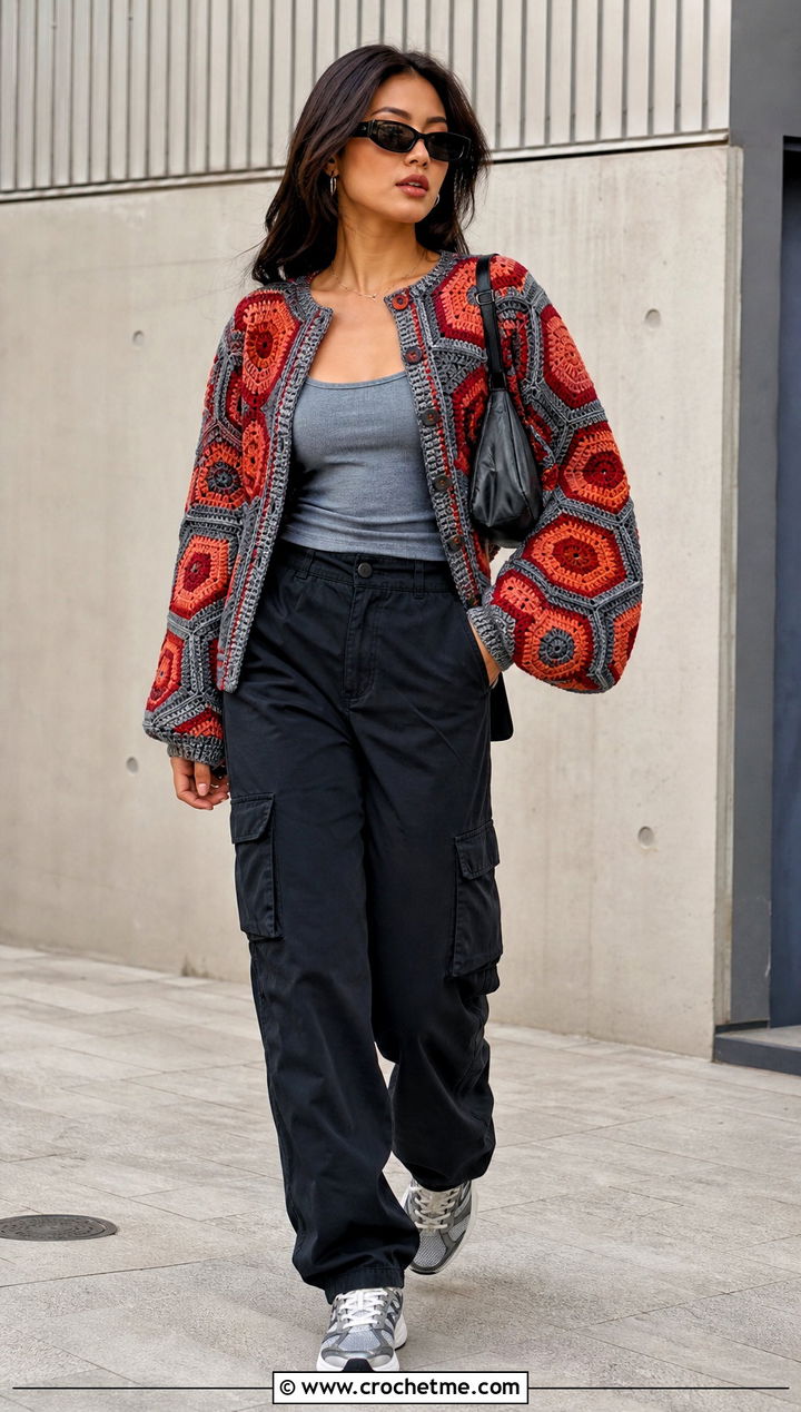 Hexagon Crochet Sweater With Cargo Pants - 15 Orange And Gray Crochet Sweater outfit ideas
