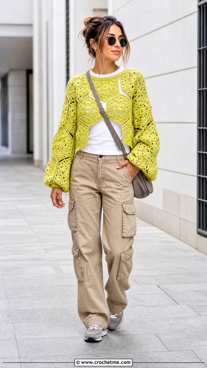 Hexagon Crochet Sweater With Cargo Pants - 35 crochet sweaters outfit ideas