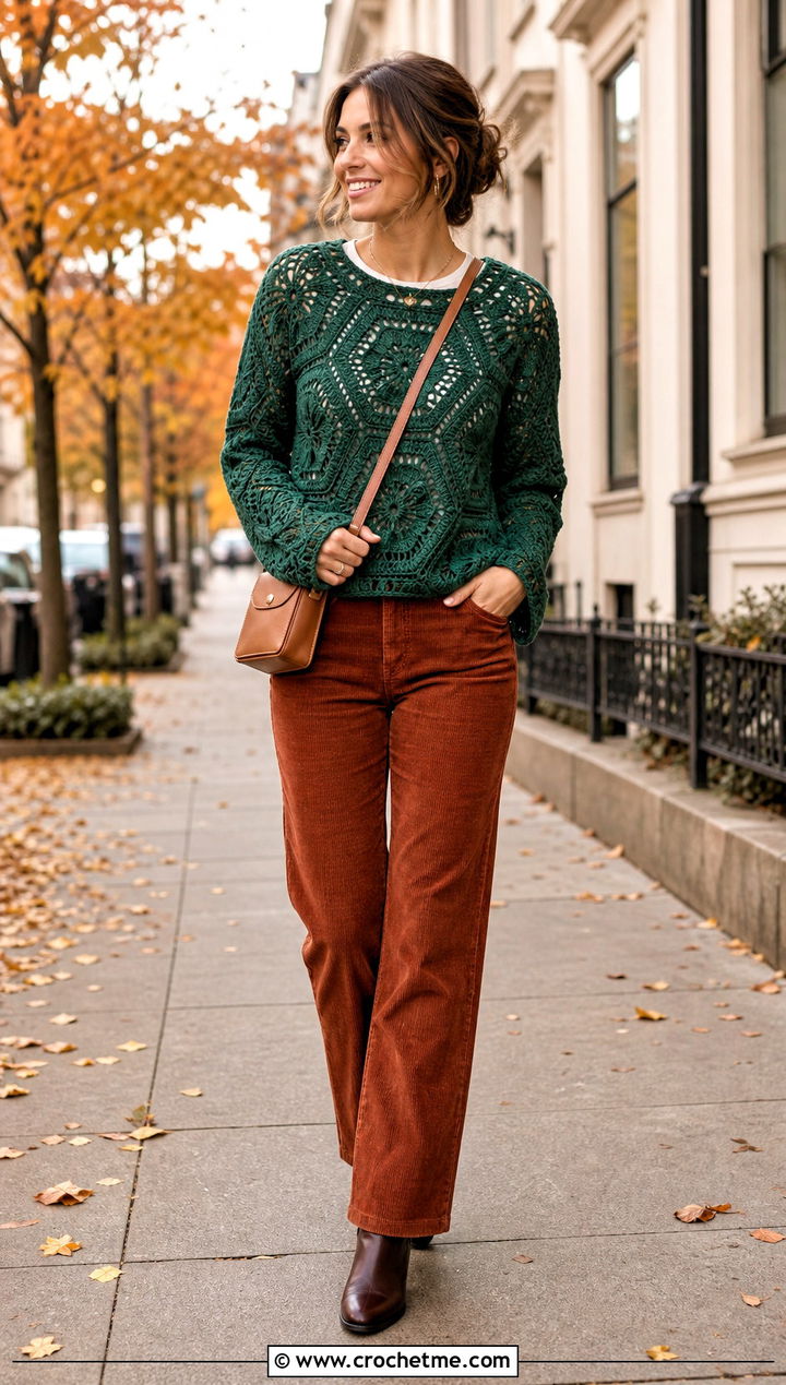 Hexagon Crochet Sweater With Corduroy Pants - 35 crochet sweater for women outfit ideas