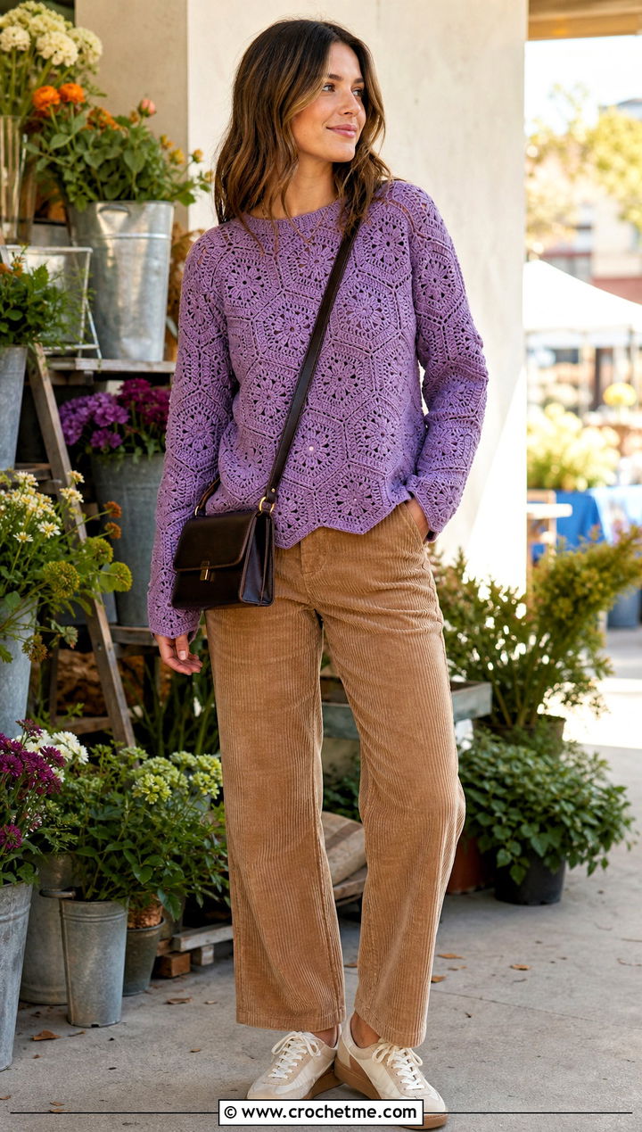 Hexagon Crochet Sweater With Corduroy Pants - 35 simple crochet sweater outfit ideas