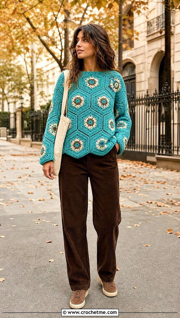 Hexagon Crochet Sweater With Corduroy Pants - 25 unisex crochet sweater outfit ideas
