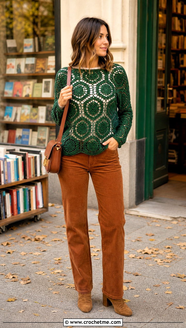 Hexagon Crochet Sweater With Corduroy Pants - 30 unique crochet sweater outfit ideas