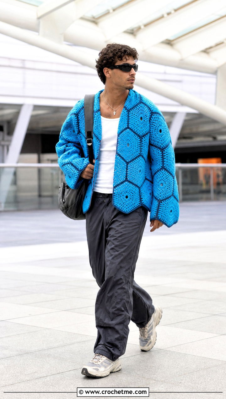 Hexagon Crochet Sweater With Parachute Pants - 35 men's crochet sweater ideas
