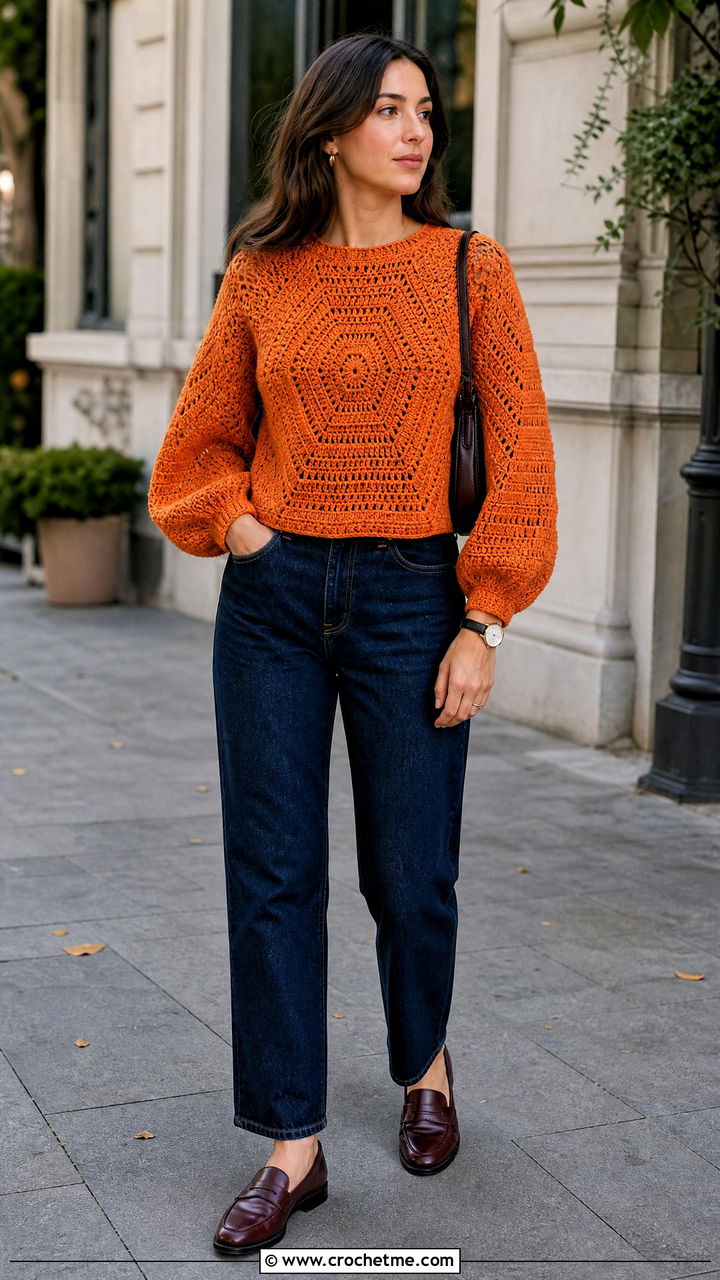Hexagon Crochet Sweater With Straight Leg Jeans - 35 crochet sweater design for women outfit ideas