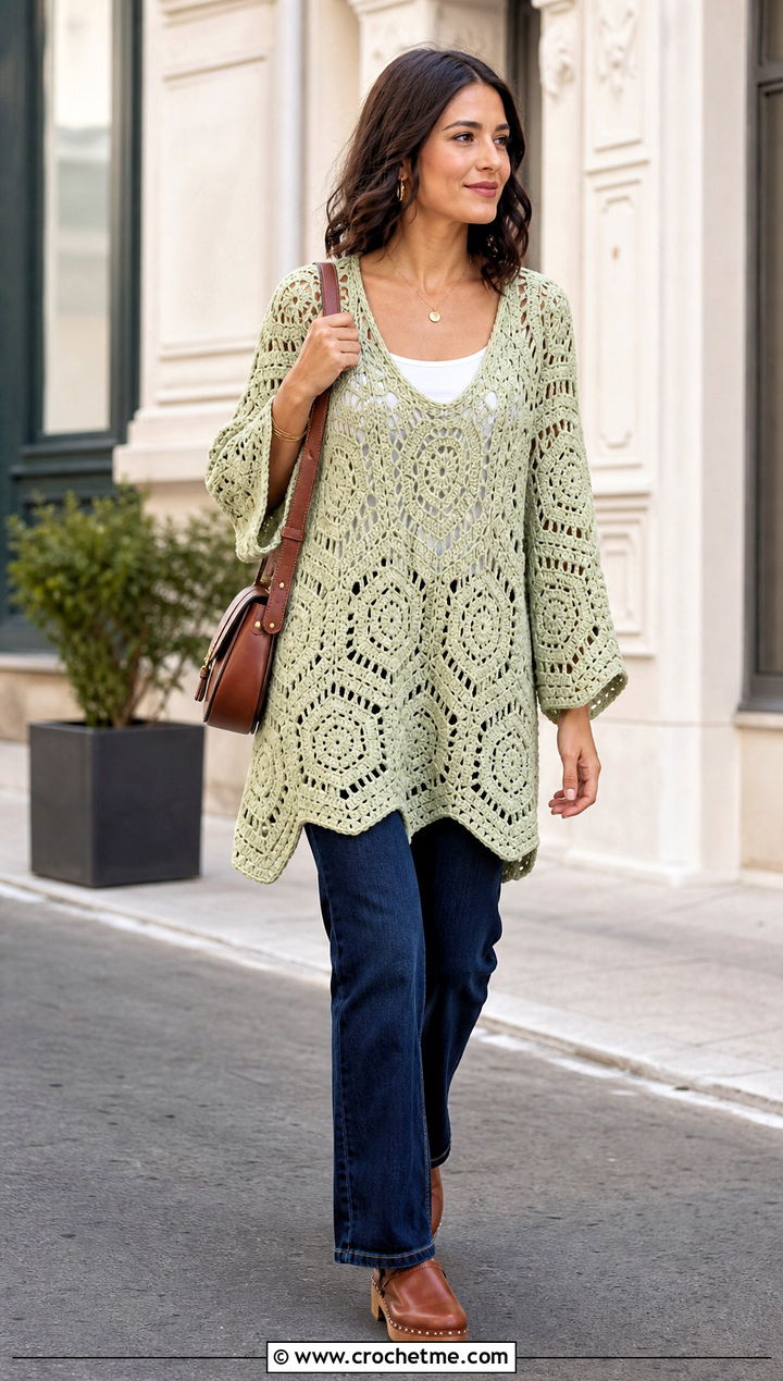 Hexagon Crochet Tunic Dress Over Straight Leg Jeans - 25 hexagon crochet dress outfit ideas