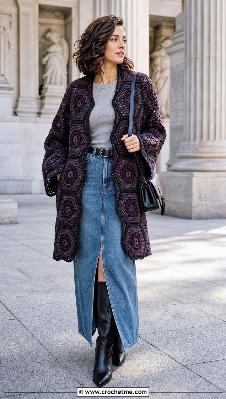 Hexagon Crochet Winter Cardigan With A Denim Maxi Skirt - 25 crochet winter cardigan outfit ideas